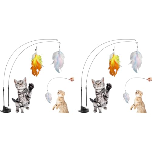 Qpets® Cat Feather Toy Feathered Teasing Wand Dual-Wire Flexible Suction Cup Colored Floor 2 PCS Qpets® Cat Feather Toy Feathered Teasing Wand Dual-Wire Flexible Suction Cup Colored Floor 2 PCS